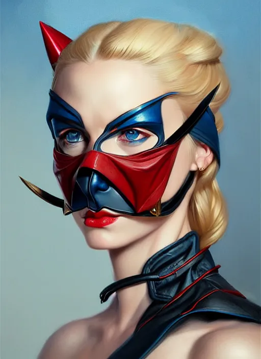 Prompt: portrait of a confident and mature looking northern blond lady with small horns in black leather mask, beautiful blue eyes and red lips, art by artgerm and greg rutkowski and magali villeneuve, highly detailed, digital painting, trending on artstation, concept art, sharp focus, illustration