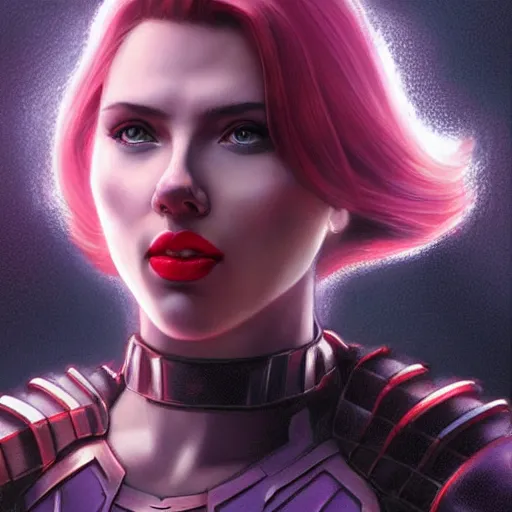 Prompt: scarlett johansson as thanos, feminine beautiful muscular fitness model wearing armor, red lips, attractive, highly detailed full body portrait, pretty face, elegant, breathtaking art, concept art, by artgerm and ilya kuvshinov