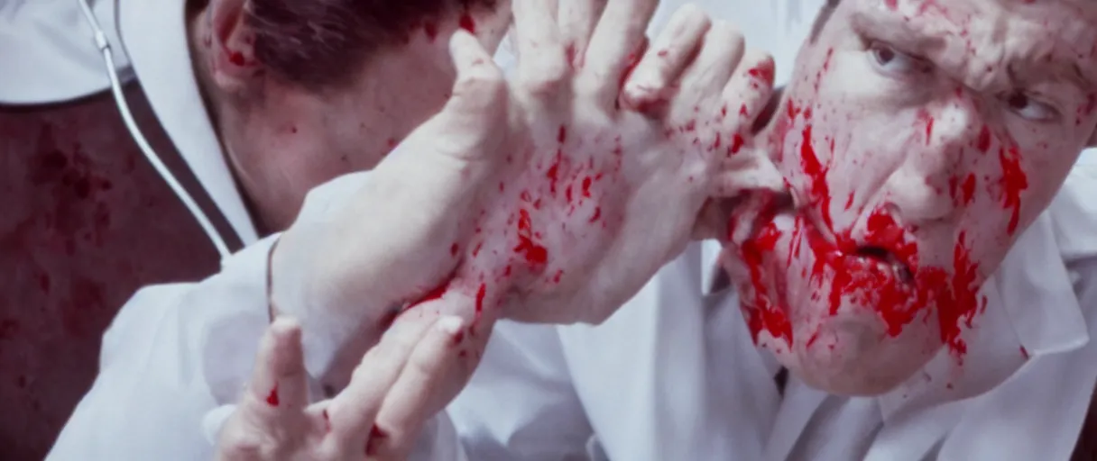 Image similar to filmic dutch angle movie still 4k UHD 35mm film color photograph of a screaming horrified doctor looking down at his wrist, his hand has been cut off, blood is gushing from the wound