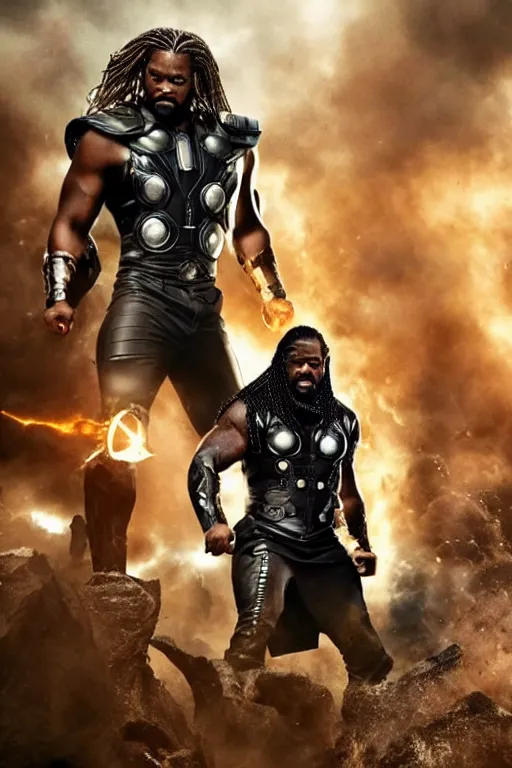 Prompt: A badass photo of black thor holding thor hammer weapon walking in a black thor movie, hyper detailed, award winning photography, perfect faces
