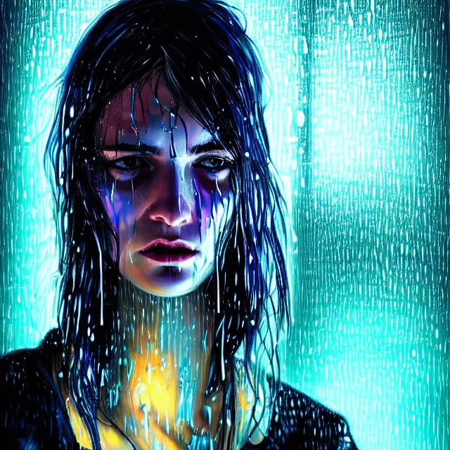 Image similar to bright asthetic portrait LSD glowing backlit rain on face and wet hair, cyberpunk, overhead lighting, fantasy, intricate, elegant, dramatic lighting, highly detailed, lifelike, photorealistic, digital painting, artstation, illustration, concept art, smooth, sharp focus, art by John Collier and Albert Aublet and Krenz Cushart and Artem Demura and Alphonse Mucha