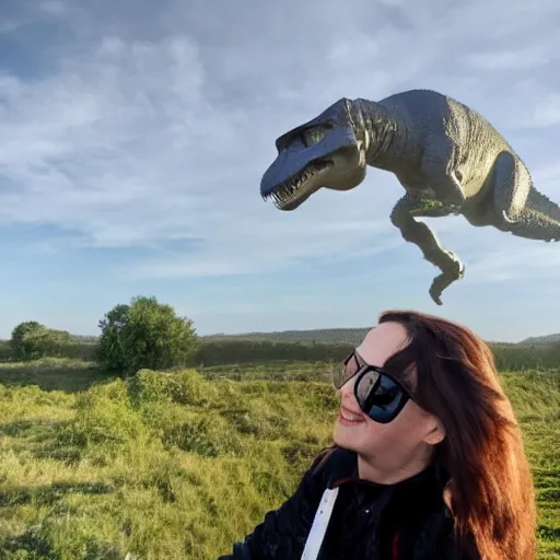 Image similar to photo of T-rex taking a selfie with asteroid in background