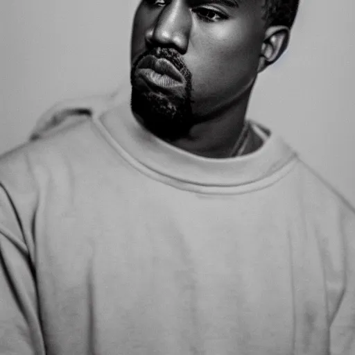 Prompt: the face of young kanye west wearing yeezy clothing at 2 4 years old, black and white portrait by julia cameron, chiaroscuro lighting, shallow depth of field, 8 0 mm, f 1. 8