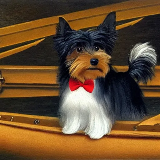 Prompt: a Yorkshire terrier on a boat wearing a black bow tie, extremely detailed masterpiece, illustration, by Michael Sowa,