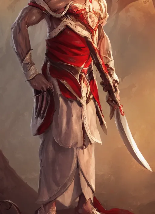 Image similar to a highly detailed illustration of white haired african priest, wearing cross on robe, wielding red blades made of blood, evil standing smiling pose, muscular, intricate, elegant, highly detailed, centered, digital painting, artstation, concept art, smooth, sharp focus, league of legends concept art, WLOP