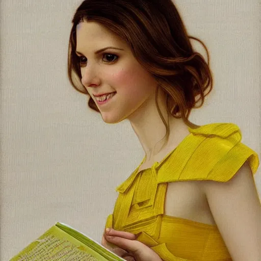 Image similar to a smiling anna kendrick wearing a yellow dress and reading a book, masterpiece, intricate, elegant, highly detailed, digital painting, artstation, concept art, smooth, sharp focus, illustration, art by artgerm and greg rutkowski and alphonse mucha and uang guangjian and gil elvgren and sachin teng, symmetry!!
