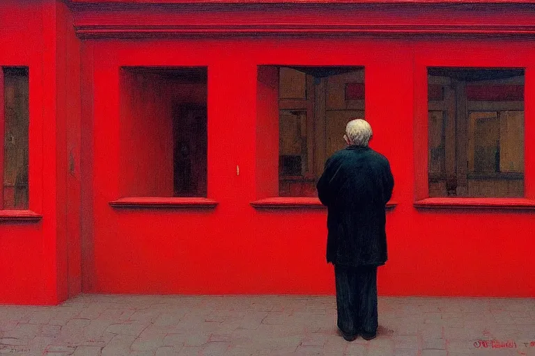 Image similar to only with red, a red old man try to sell a portrait, in a old city square, cheering crowd, in the style of beksinski, parts by edward hopper, parts by rodcenko, parts by yue minjun, intricate and epic composition, red by caravaggio, insanely quality, highly detailed, masterpiece, red light, artstation, 4 k