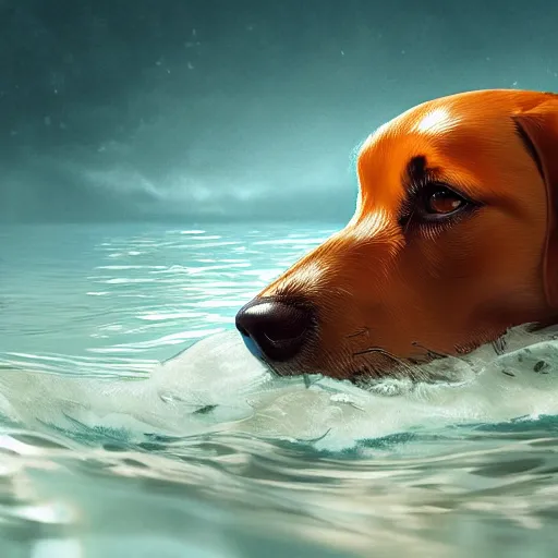 Prompt: dog in the water, stylized, artgerm, artstation, hd, cgsociety, cgi, realistic, dramatic, cinematic, artistic, trending, detailed