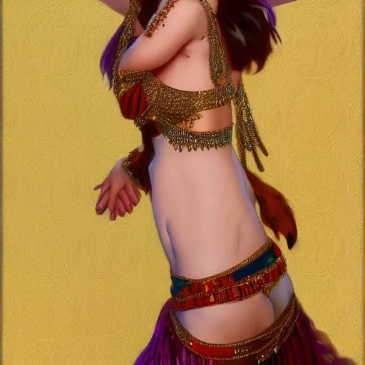 Image similar to a portrait of emma stone dressed as a belly dancer, arabian night, high quality, fully detailed, 4 k, in focus sharp face with fine details, realistic hand details and anatomy, inspired by belly dancer on youtube, alphonse mucha, masterpiece, stunning, artstation