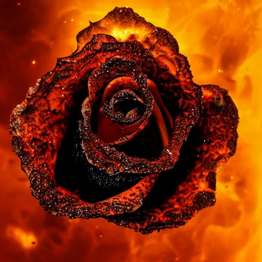 Image similar to award - winning macro of a beautiful black rose made of molten magma and nebulae on black background by harold davis, georgia o'keeffe and harold feinstein, highly detailed, hyper - realistic, strong inner glow and mist, trending on deviantart, artstation and flickr, nasa space photography, national geographic