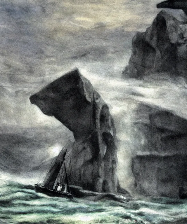 Image similar to photorealistic mixed - media painting of a 1 9 2 5 seiner sailing near a short tropical cliff with the mouth of a sea cave at the waterline, dark, brooding, atmospheric, lovecraft, horror, smooth, epic, highly detailed, cinematic, by emily carr