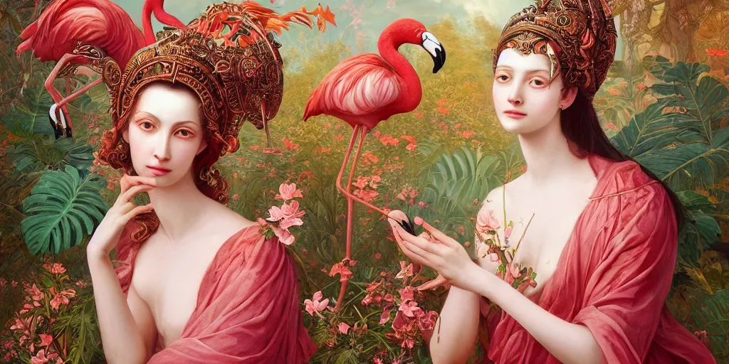 Image similar to breathtaking detailed concept art painting of the goddess of flamingo, orthodox saint, with anxious, piercing eyes, ornate background, amalgamation of leaves and flowers rafflesia arnoldii, by Hsiao-Ron Cheng and John James Audubon, extremely moody lighting, 8K