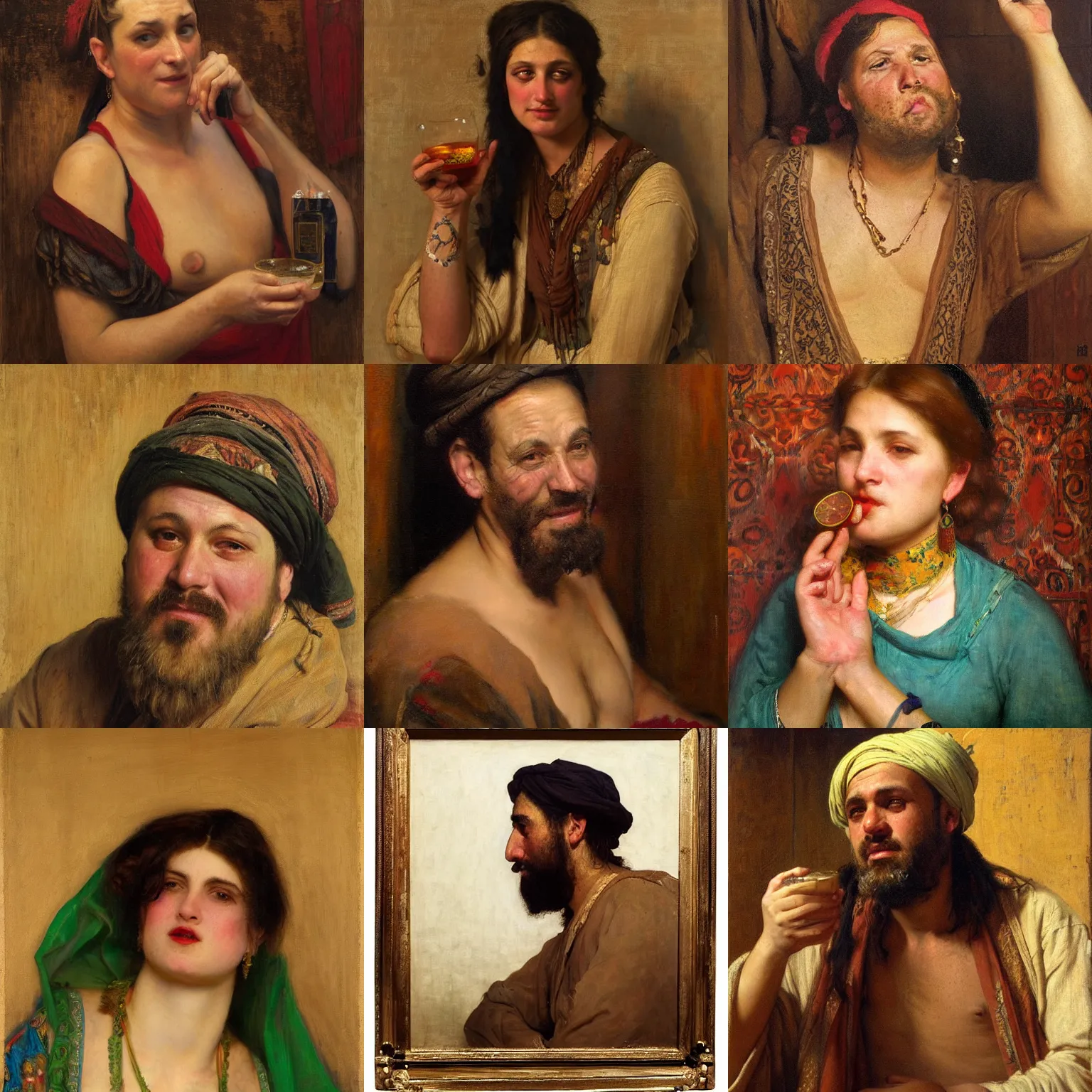 Prompt: orientalism drunken slob face portrait by Edwin Longsden Long and Theodore Ralli and Nasreddine Dinet and Adam Styka, masterful intricate art. Oil on canvas, excellent lighting, high detail 8k