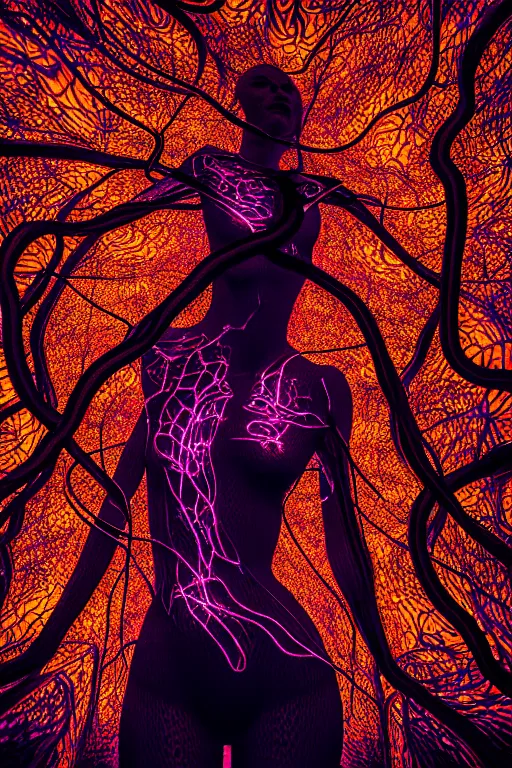 Image similar to a mesh female form composed of dark neurons and veins, see - through, transparency, translucent, hyper - detailed, subsurface illumination, cinematic, photograph, 3 d, intricate detail, portrait, dramatic volumetric lighting, fractals, trippy horror
