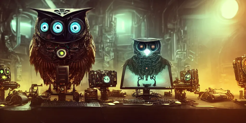 Prompt: an giant evil, malevolent, cyborg owls looking at a computer, surrounded by computer screens. steampunk. this 4 k hd image is trending on artstation, featured on behance, well - rendered, extra crisp, features intricate detail and the style of unreal engine. volumetric lighting octane render