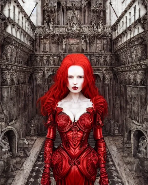 Prompt: redhead queen in heavy red armor, inside an epic gothic castle, baroque, large crown, face with scars, mad grin, intimidating, ominous, high fantasy, intricate detail, digital painting, artstation, concept art, smooth, sharp focus, illustration, art by yoshitaka amano and monia merlo and wlop