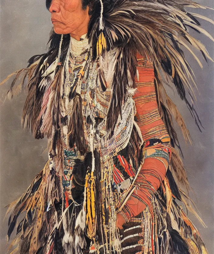 Image similar to full body shot picture of indigenous people young slim fit woman leader in canyon, painted by lucian freud, intricate costume design, beautiful feathers, hd, super detailed, realistic