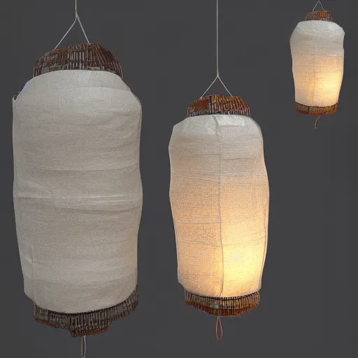 Image similar to A hanging ancient Japanese paper lantern, prop concept art design ,artstation. 3D Model render in maya，C4D. detail