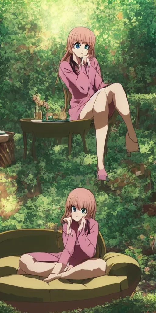 Image similar to a queen of love sitting by herself on a sofa in a forest, drawn by CloverWorks,