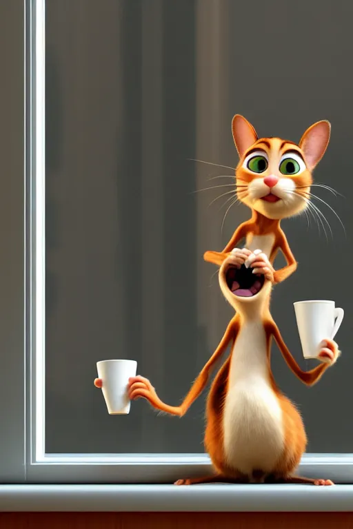 Prompt: happy cat holding one cup of coffee at house window. Pixar Disney 4K 3d render funny animation movie Oscar winning trending on ArtStation and Behance. Ratatouille style.