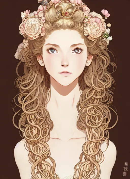 Image similar to young blond girl, goddess of pearls and peonies, with long curly, hazelnut hair, perfectly proportioned face, brown eyes, sweet smile, strong jawline,, natural lighting, path traced, highly detailed, high quality, cartoon, digital painting, by new haicheng and studio ghibli and alphonse mucha