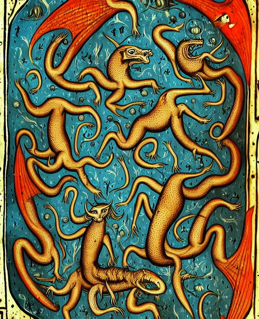 Prompt: medieval bestiary of wild repressed emotional creatures found in the deep sea of unconscious of the psyche, painted by ronny khalil