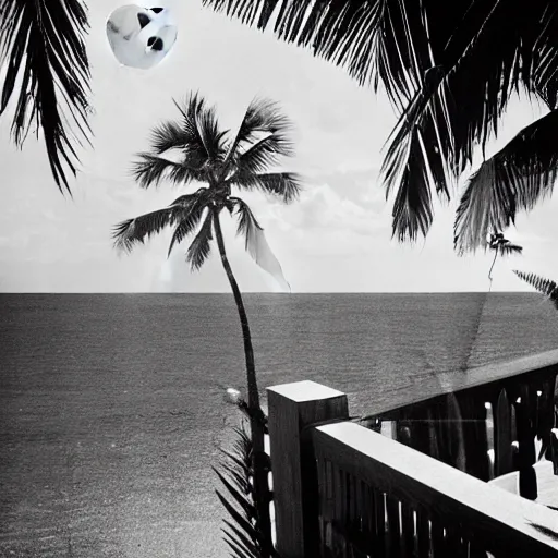 Image similar to miracle musical Hawaii part ii album cover, showing an ocean in the background, spiral transparent stairs on the left with tall palm trees behind it, a slight rainbow in the background, white outline border, moon in the right top area black and white