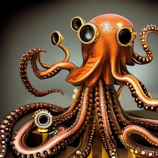 Prompt: steampunk octopus with headphones playing synthesizers, lights, lasers, music, highly detailed, realistic,