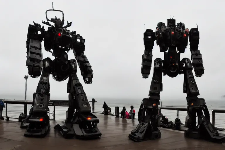 Image similar to cinematography of giant Mech on Santa Monica peer By Emmanuel Lubezki