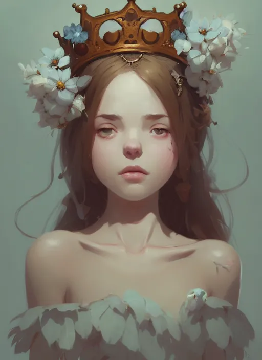 Prompt: portrait of cute nymph girl with crown of flowers, fantasy, by atey ghailan, by greg rutkowski, by greg tocchini, by james gilleard, by joe gb fenton, by in kaethe butcher, dynamic lighting, gradient light blue, brown, blonde cream and white color in scheme, grunge aesthetic