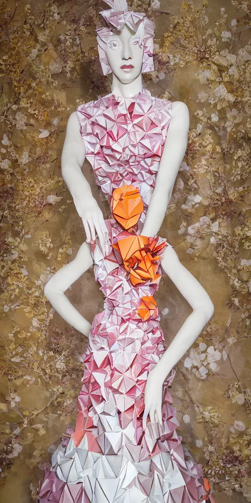 Prompt: portrait of a beautiful ceramic female tiger model wearing sakura and peach ( ( origami themed paper flower ) ) and metallic molded shaped gown, haute couture by issey miyake