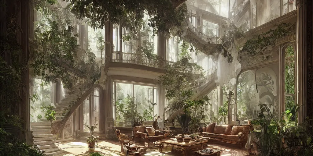 Prompt: photo of a beautiful living room in a mansion with lots of vegetation. architecture. comfortable. stairs. trending on artstation. cgsociety. art by greg rutkowski and moebius, detailed hutra, engraving, precision, cinematic light