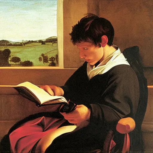 Prompt: Tom Holland reading a book. Painted by Caravaggio, high detail