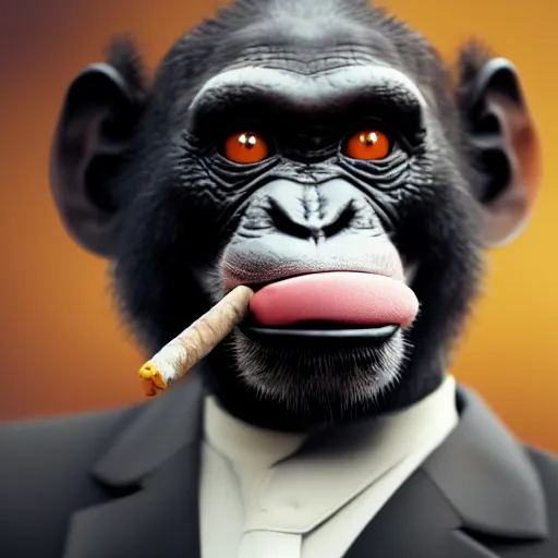 Image similar to a high detail closeup shot of a chimp wearing a suit 👔,and smoking a cigarrette🚬, cgcosiety, artstation, unreal engine, realism