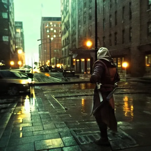 Prompt: connor kenway from assassin's creed 3 on the street of modern boston, rainy evening, sharp focus, shot on iphone,