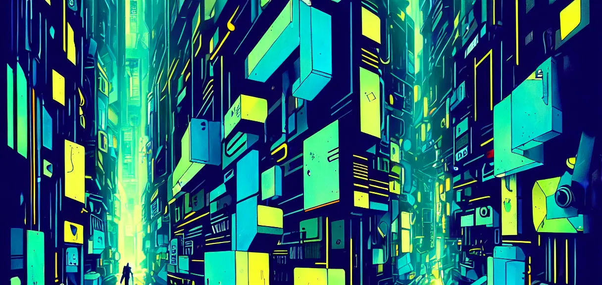 Prompt: post - minimalism, cyberpunk, abstract, slight cubism influence, bladerunner alley, iridescent, comic