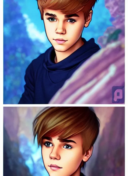 Image similar to cute justin bieber trading card design, natural lighting, path traced, highly detailed, high quality, digital painting, by don bluth and ross tran and studio ghibli and alphonse mucha, artgerm