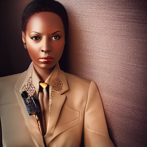 Image similar to professional portrait photo of a humanoid african american, digital - art woman with a suit super hero, very sharp and detailed, octane render
