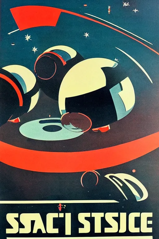 Prompt: ussr propaganda poster of 1 9 5 0 s space race, futuristic design, dark, symmetrical, washed out color, centered, art deco, 1 9 5 0's futuristic, glowing highlights, intense