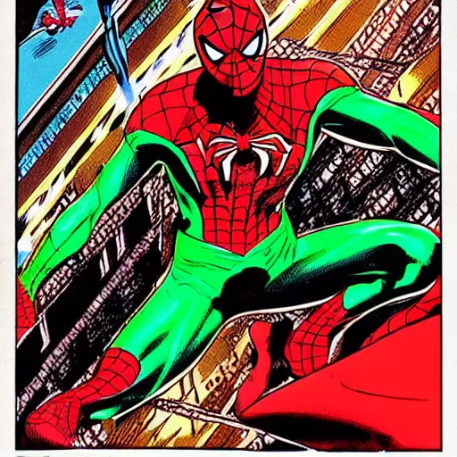 Image similar to comic book art of a green red spider man in Dhaka comic book art by Stan Lee