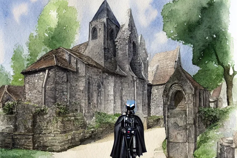 Prompt: a detailed watercolor painting of darth vader leaving a medieval church in a quaint english village, churchyard, trees