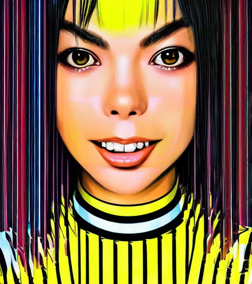 Prompt: beautiful closeup portrait of a black bobcut hair style futuristic miranda cosgrove in a blend of 8 0 s anime - style art, augmented with vibrant composition and color, filtered through a cybernetic lens, by hiroyuki mitsume - takahashi and noriyoshi ohrai and annie leibovitz, dynamic lighting, flashy modern background with black stripes
