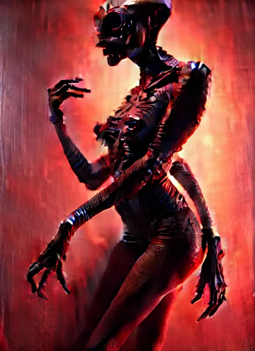 Image similar to ultra realist horror painting of a dimly lit attractive alien female and hellish creature together, very intricate details, focus, curvy figure, 5 0's pin - up pose, model pose, full frame image, artstyle hiraku tanaka and craig mullins, award winning