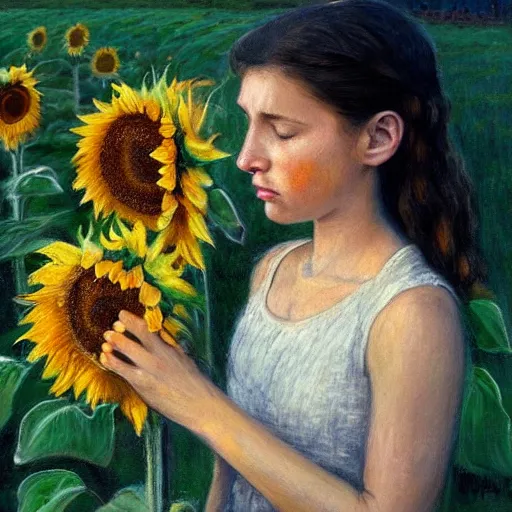 Image similar to a girl smelling one of sunflowers in an amazing tall sunflower field, hair flowing, fog, early morning lightning, subtle, intricate details, real masterpiece, oil on canvas, by franz kafka