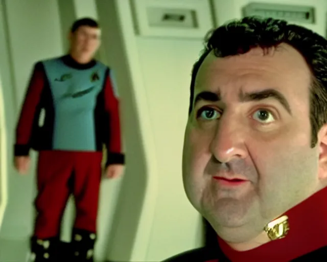 Prompt: film still of Mike Stoklasa in Star Trek the Next Generation