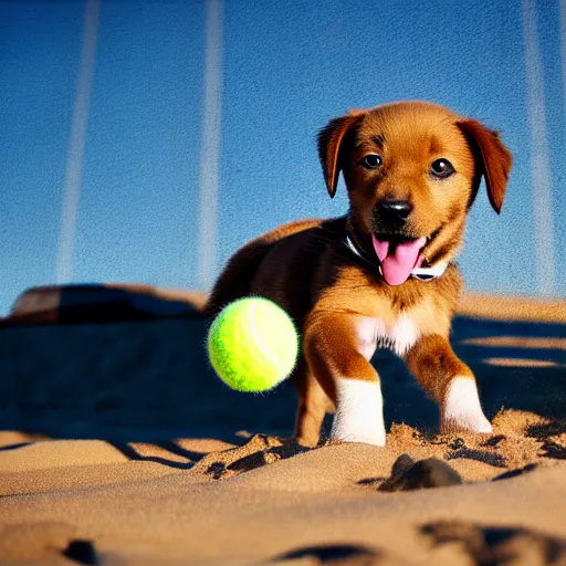 Image similar to cute puppy playing with a tennis ball at the beach, photo shoot, realistic, cinematic