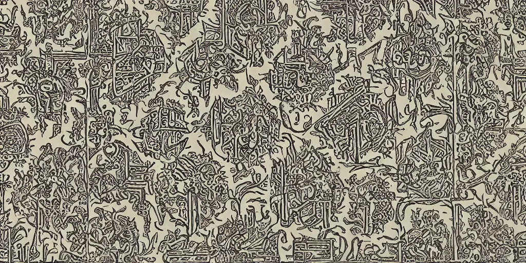 Prompt: scan of old symmetrical patterned wallpaper showing tyrolean folklore masks and cryptic occult alpine symbols and dolomites