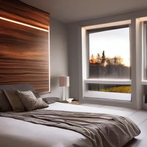 Image similar to a futuristic furnished bedroom with a large window at sunset, godrays, luxury white bed, warm lighting