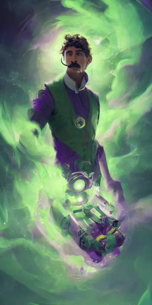 Prompt: a young male wizard with a salvador dali moustache in space, green and purple colors, volumetric lighting, greg rutkowski, artstation, 8k