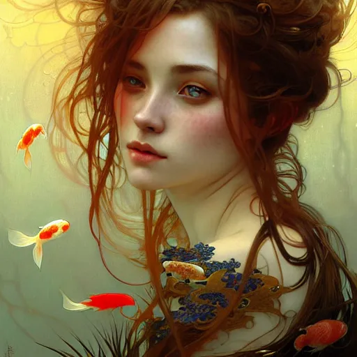 Prompt: Portrait of a girl surrounded by Koi fish, face, fantasy, intricate, elegant, highly detailed, digital painting, artstation, concept art, smooth, sharp focus, illustration, art by Heady Tale and Artem Demura and alphonse mucha
